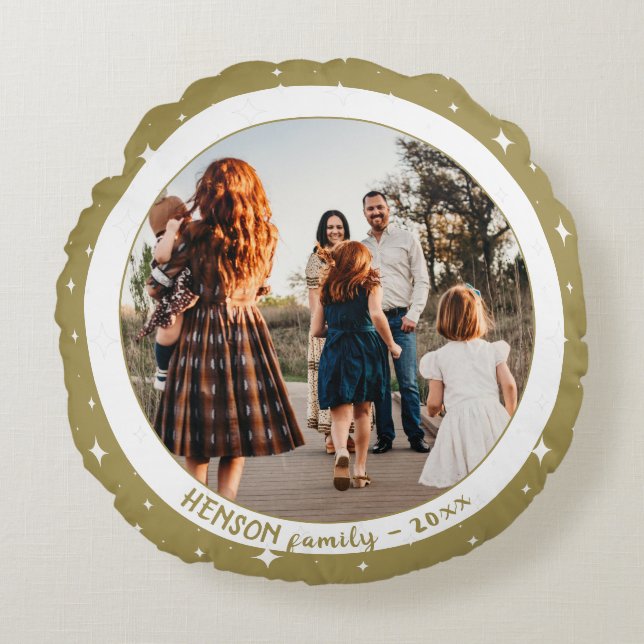 Cojín Redondo Festividad simple Navidades de oro foto familiar (Anverso)