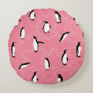 Cojín Redondo Festividades Navidades rosados pingüinos de invier
