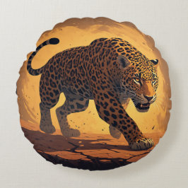 Cojín Redondo Fiero Leopardo Merodeando al Atardecer