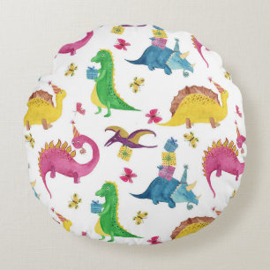 Cojín Redondo Fiesta de dinosaurios: patrón de acuarela.