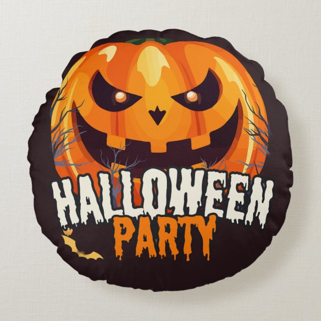 Cojín Redondo Fiesta de Halloween – Diseño de Jack-o’-Lantern (Anverso)