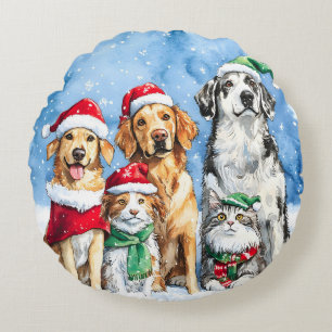 Cojín Redondo Fiesta de Patas Nevadas Navideñas Mascotas Acuarel