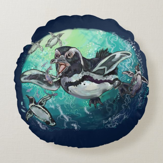 Cojín Redondo Fiesta de Pescado Pingüino Africano (Anverso)