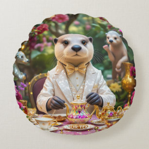 Cojín Redondo Fiesta de té de nutria linda de fantasía