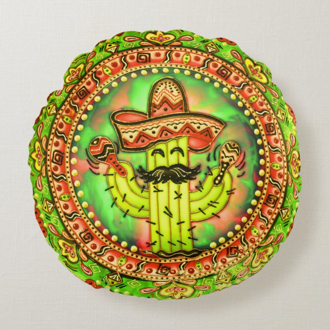 Cojín Redondo Fiesta mexicana Cinco de Mayo Sombrero Gorra Verde (Anverso)