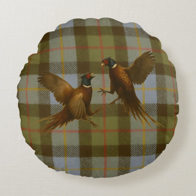 Cojín Redondo Fighting Pheasants on tweed / tartan background  (Anverso)