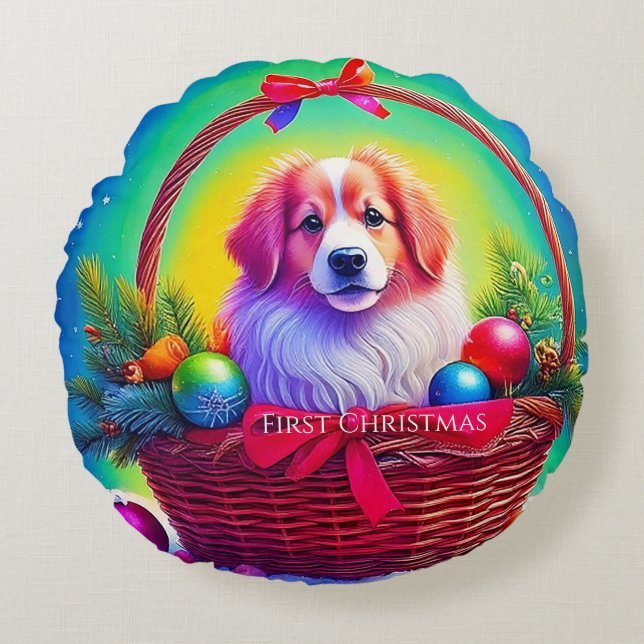 Cojín Redondo First Christmas Cutest Dog in Holiday Basket (Anverso)