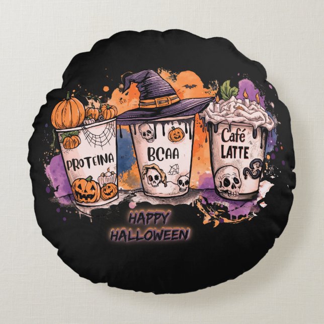 Cojín Redondo Fitness Halloween 🎃Protein, BCAA & Café Latte  (Anverso)