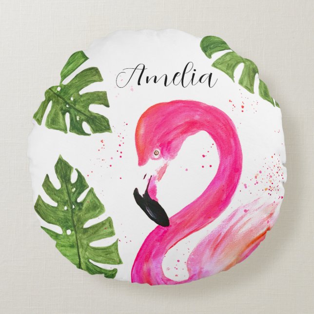 Cojín Redondo Flamenco Tropical Rosa Palmas Hojas Verdes Arte Pá (Anverso)