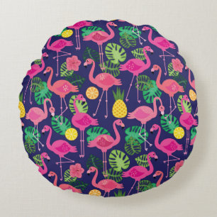 Cojín Redondo Flamencos de época, patrón de elementos de verano