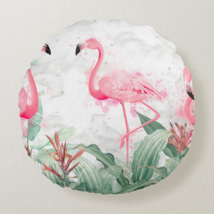 Cojín Redondo flamencos en plantas tropicales sobre un fondo tex