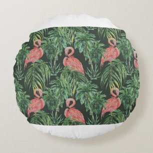 Cojín Redondo Flamencos rosas acuarelas, aves exóticas, tropica