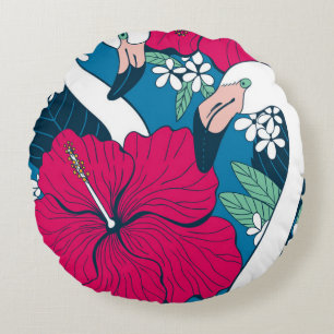 Cojín Redondo Flamencos tropicales: fondo de Hibiscus Plumeria.