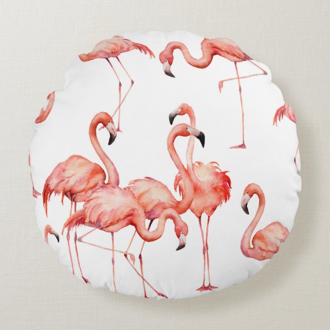 Cojín Redondo Flamingo acuarela sin costuras. Pintado de mano (Anverso)