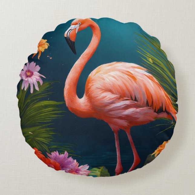 Cojín Redondo Flamingo entre flores coloridas (Anverso)