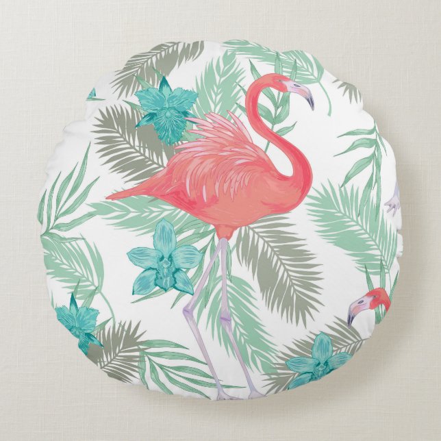 Cojín Redondo Flamingo, orquídea: patrón vintage romántico. (Anverso)