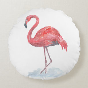 Cojín Redondo Flamingo rosa, acuarela.
