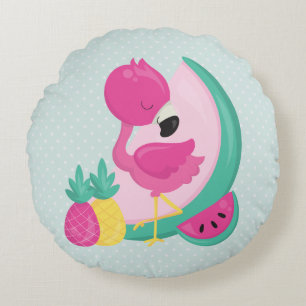 Cojín Redondo Flamingo rosa con sandía y piña