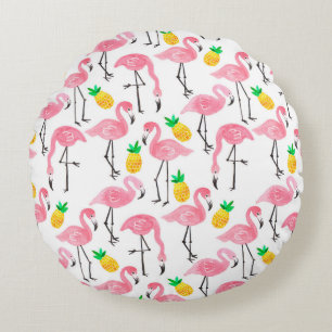 Cojín Redondo Flamingo rosa de color de agua y piña amarilla