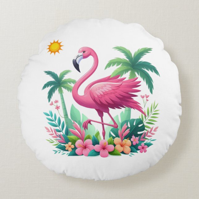Cojín Redondo Flamingo rosa de Florida/Tropical (Anverso)
