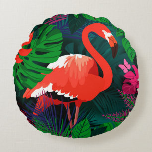 Cojín Redondo Flamingo rosa. Hojas tropicales, mariposa rosada,