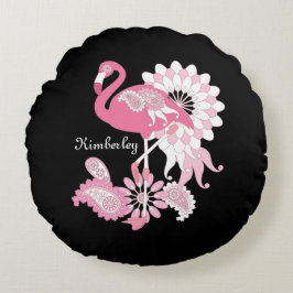 Cojín Redondo Flamingo rosa negro moderno personalizado