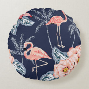 Cojín Redondo Flamingo rosa, palmeras, rosa, flor de orquídea, l