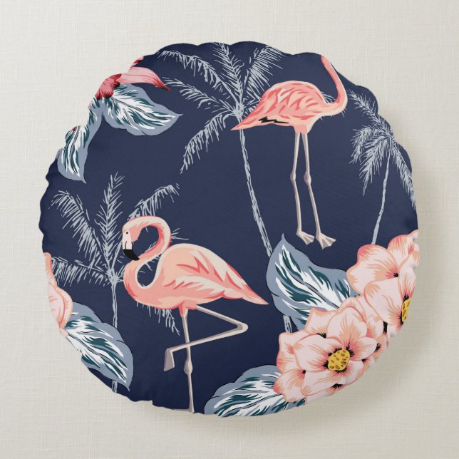 Cojín Redondo Flamingo rosa, palmeras, rosa, flor de orquídea, l (Anverso)