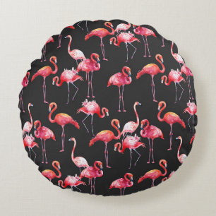 Cojín Redondo Flamingo Rosa: Patrón acuarela tropical.