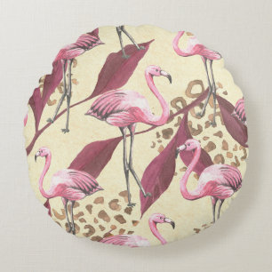 Cojín Redondo Flamingo rosa tropical, patrón leopardo.