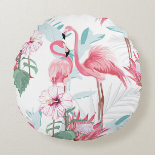 Cojín Redondo Flamingo rosa y flores exóticas, hojas de palma, w