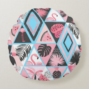 Cojín Redondo Flamingo tropical en mosaico, patrón de palma.