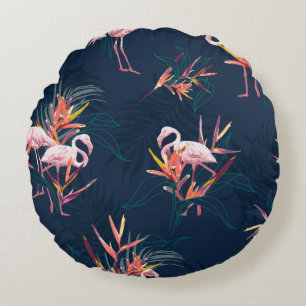 Cojín Redondo Flamingo tropical hawaiano con ave de paraíso flot