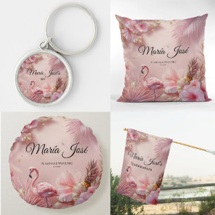 Cojín Redondo Flamingo tropical Quinceañera, personalizado