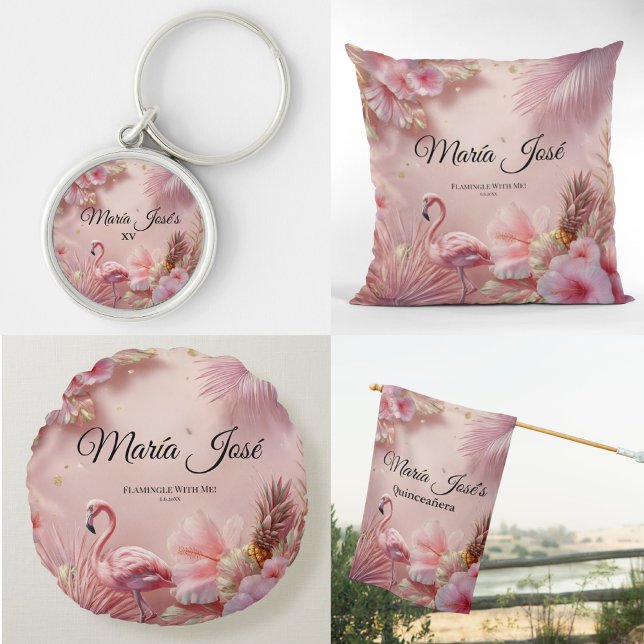 Cojín Redondo Flamingo tropical Quinceañera, personalizado (Subido por el creador)