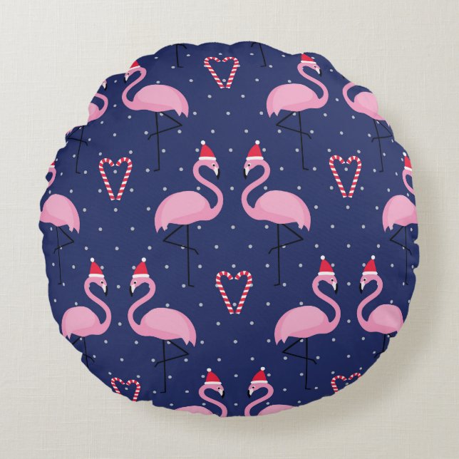 Cojín Redondo Flamingo Xmas Gorra Candy Pattern (Anverso)