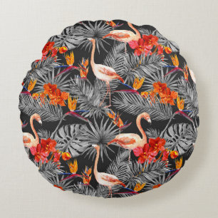 Cojín Redondo Flamingo y flores, patrón monocromo.