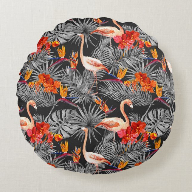 Cojín Redondo Flamingo y flores, patrón monocromo. (Anverso)