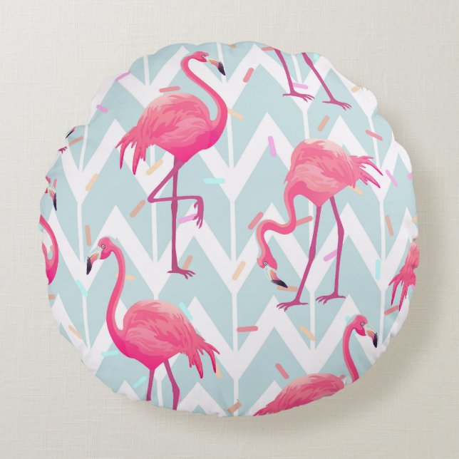 Cojín Redondo Flamingos Gris claro: Vintage Tropical. (Anverso)