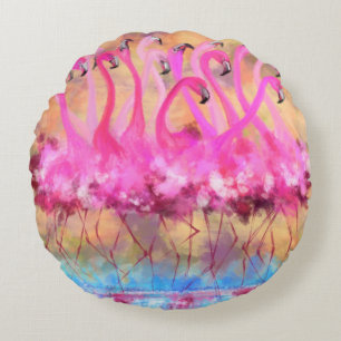 Cojín Redondo Flamingos rosados Love Dance - Pintura original de