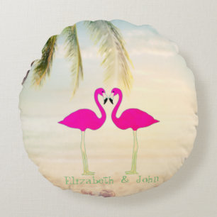 Cojín Redondo Flamingos rosados, playa, palmera, personalizado