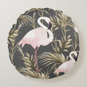 Cojín Redondo Flamingos rosas y plantas doradas patrón sin fisur