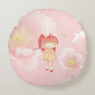 Cojín Redondo Flauta de primavera: chica conejo tocando música e