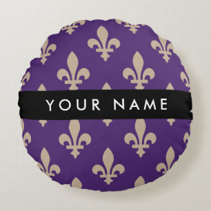 Cojín Redondo Fleur de Lis, Beige sobre Morado, Real, Tu Nombre