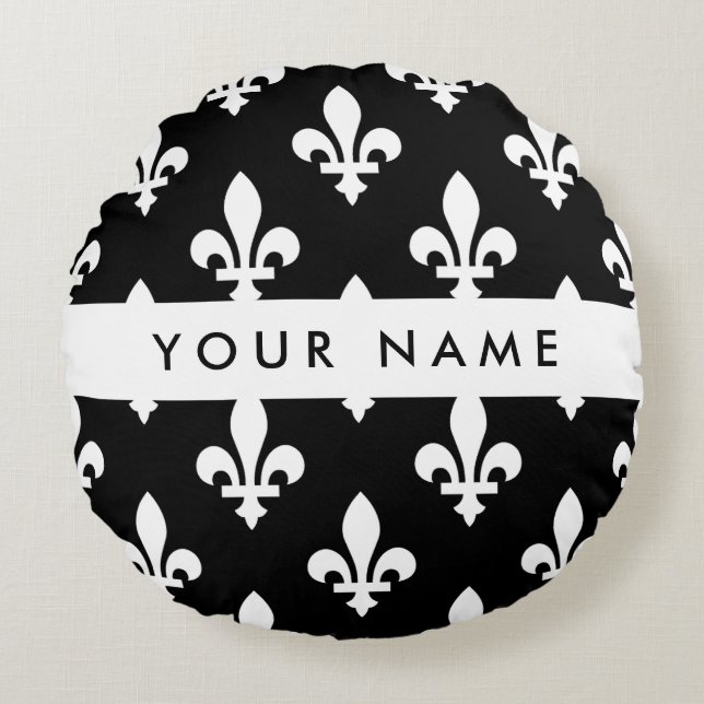 Cojín Redondo Fleur de Lis, Blanco sobre Negro, Blanco, Tu Nombr (Anverso)