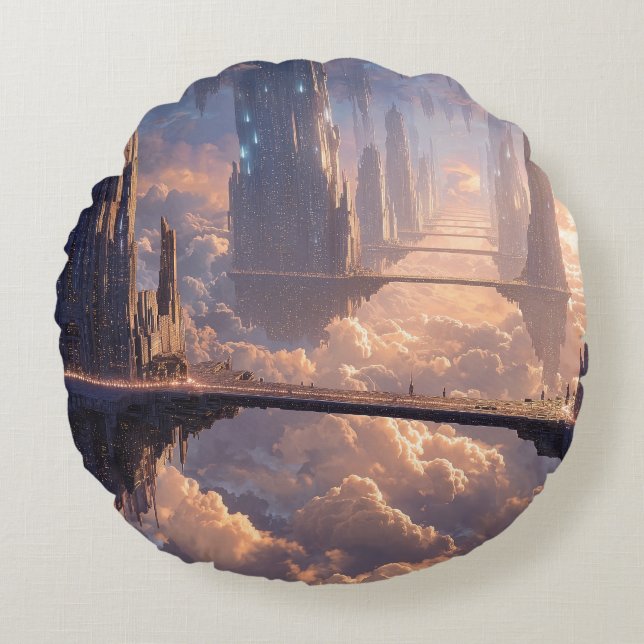 Cojín Redondo Floating Metropolis in the Clouds (Anverso)