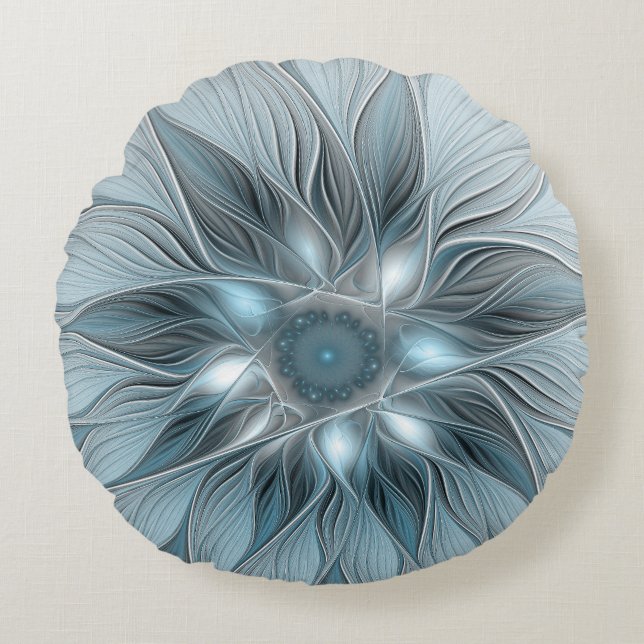 Cojín Redondo Flor abstracta alegre azul gris fractal floral (Anverso)