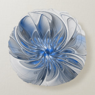Cojín Redondo Flor abstracta de arte fractal acuarela gris azul