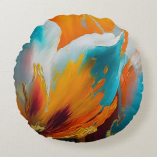 Cojín Redondo Flor abstracta en naranja y azul verdoso