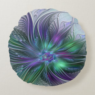 Cojín Redondo Flor Abstracta Moderna Fractal Verde Púrpura